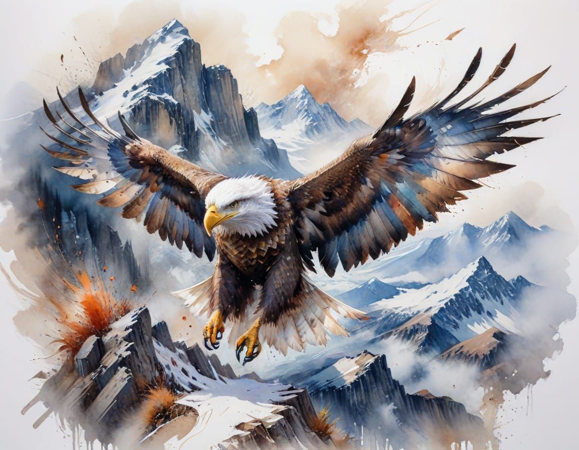 Watercolor Eagle Soaring Above Mountains
