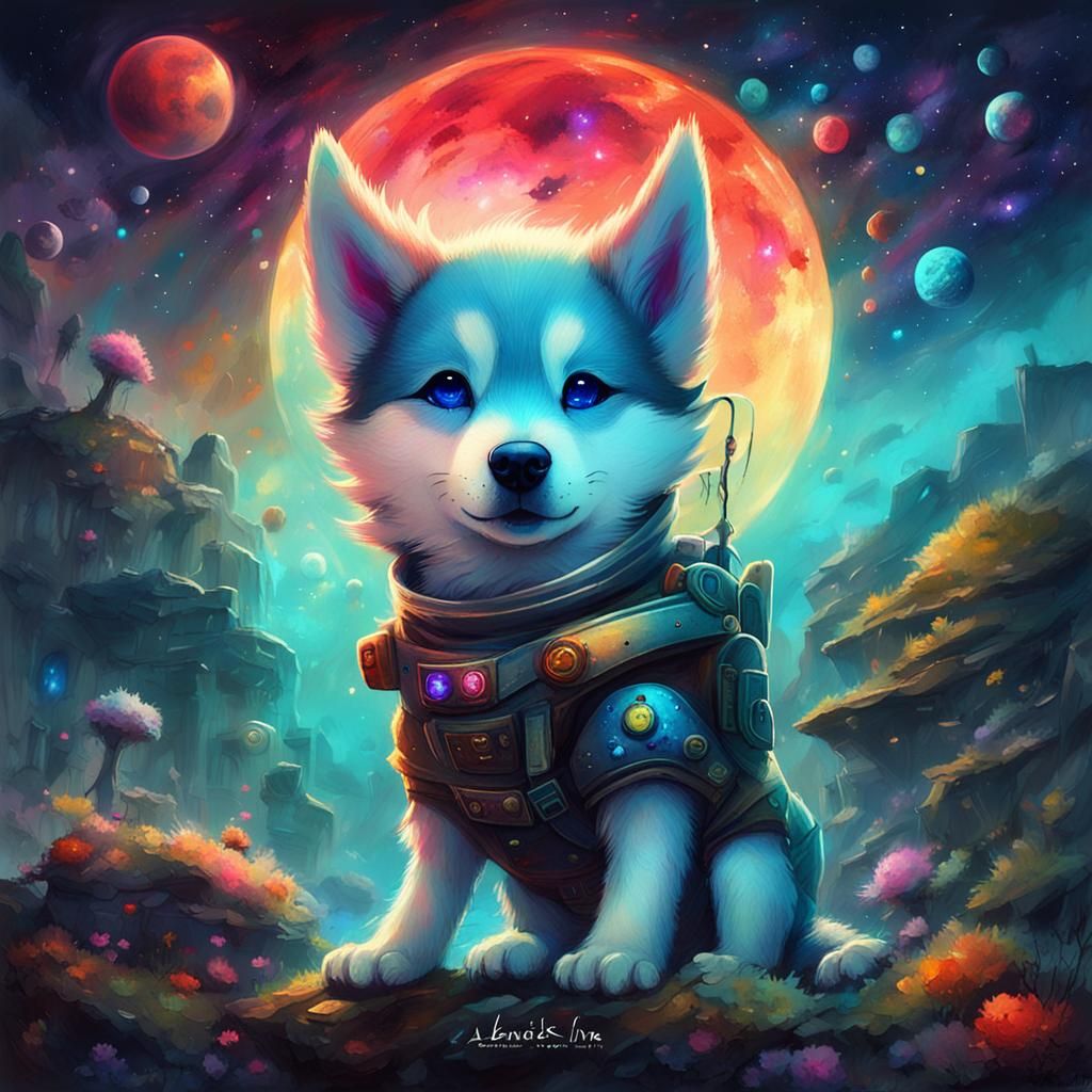 Surreal Cosmic Husky in Vibrant, Intricately Detailed Acryli...