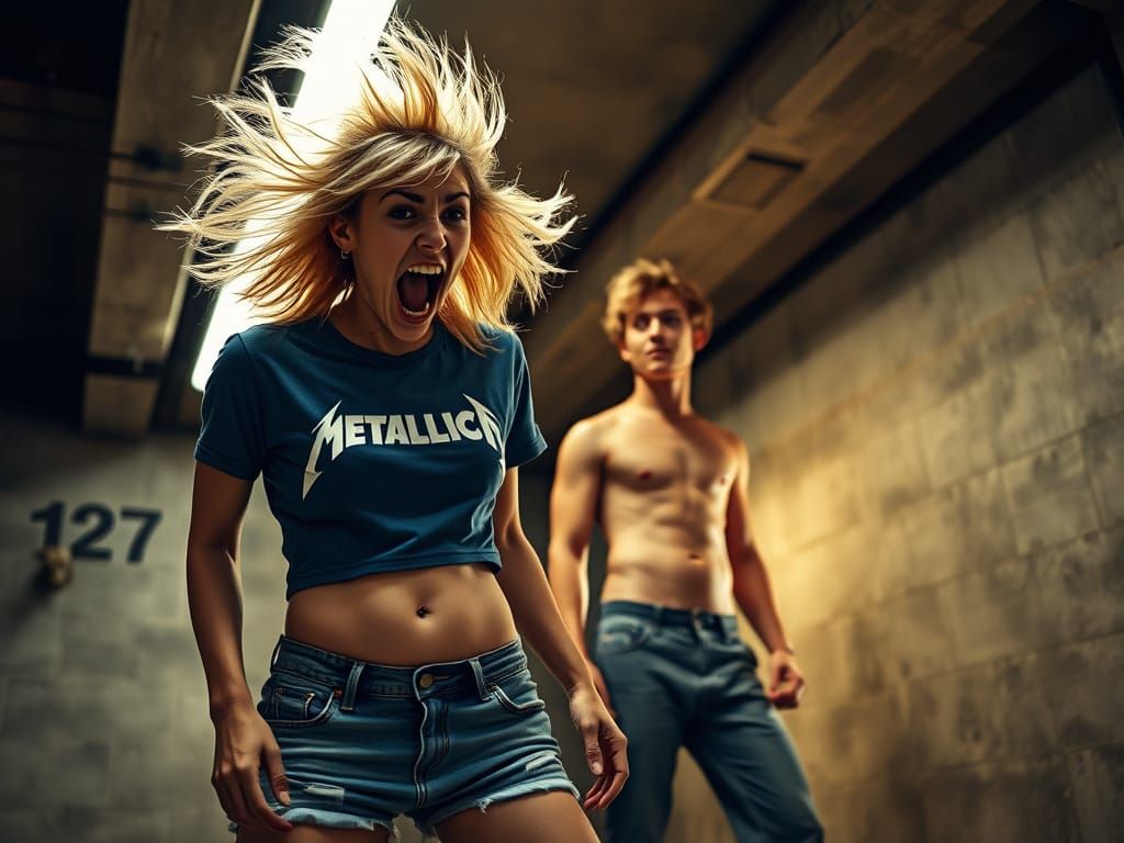Hyperrealistic Metallica Fan Scene in Grunge Basement