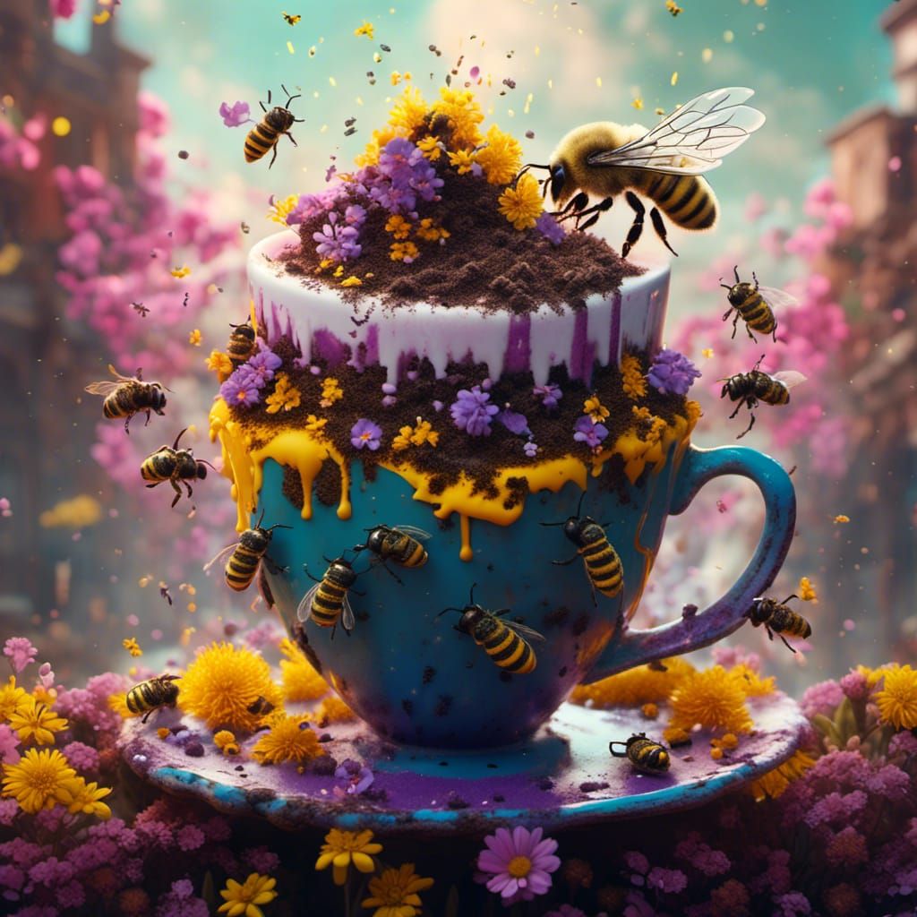 Fantastical Cup Scene with Intricate Bees and Splashes of Co...