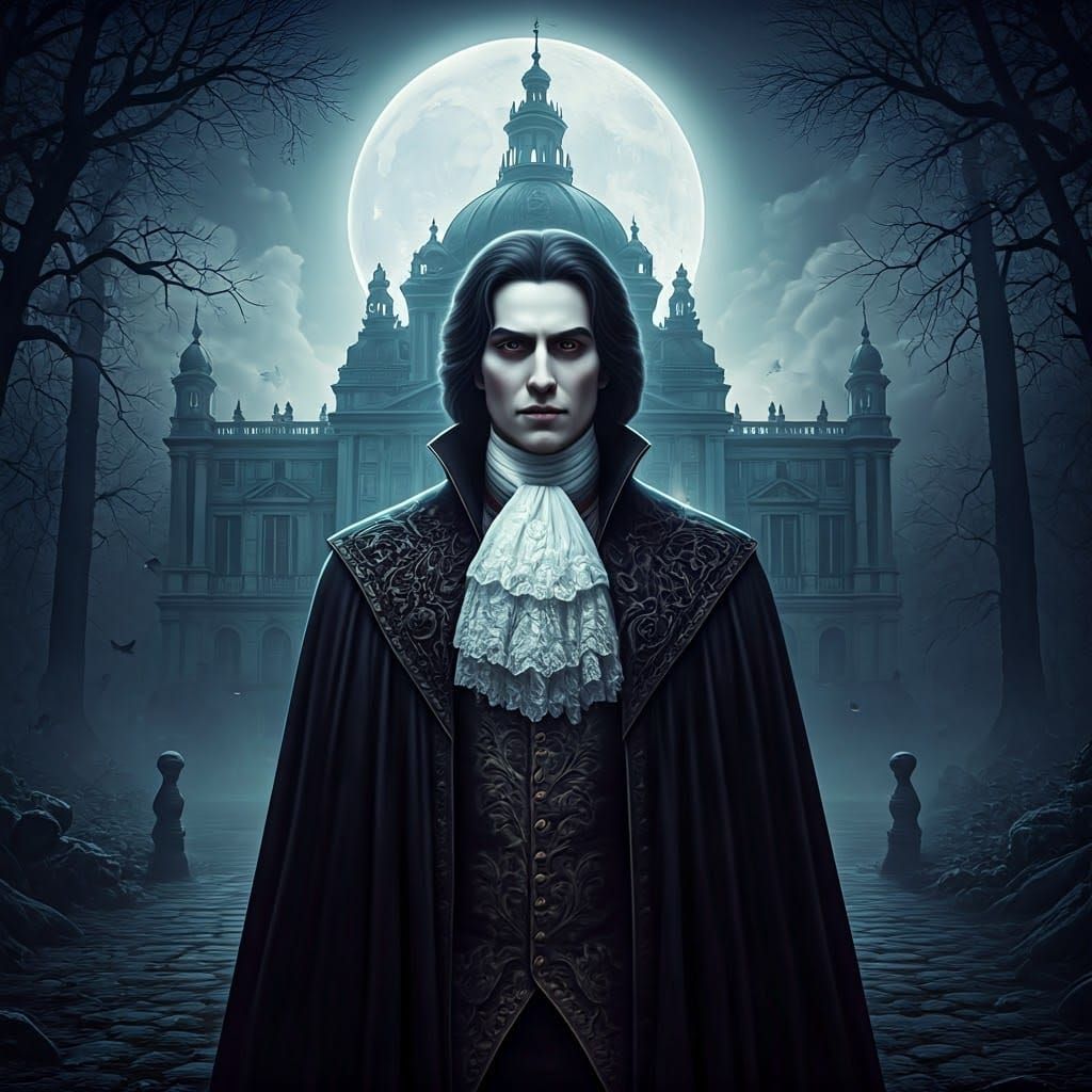 Elegant Vampire in Baroque Palace Under Full Moon