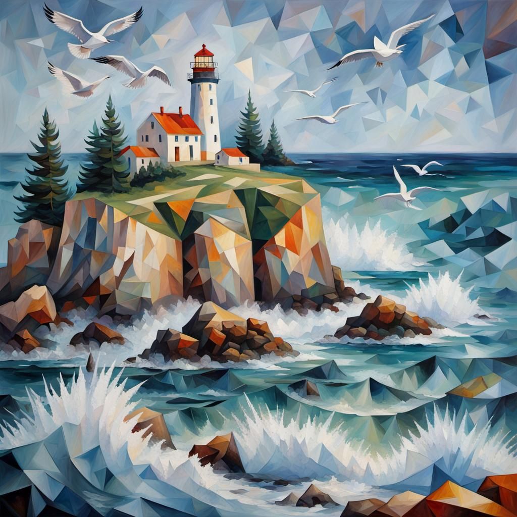 Geometric Cubism Lighthouse Scene with Seagulls on Rocky Coa...