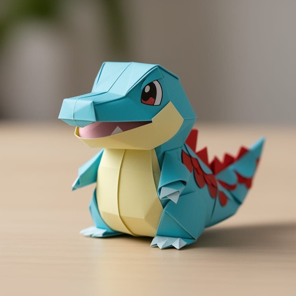 Adorable Origami Totodile Pokemon in Papercraft Style