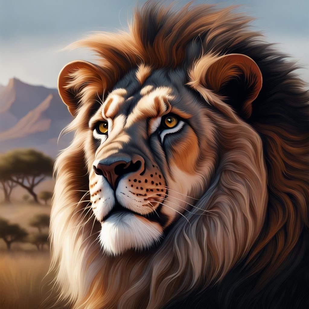 Hyperrealistic Lion Portrait in Savanna Landscape