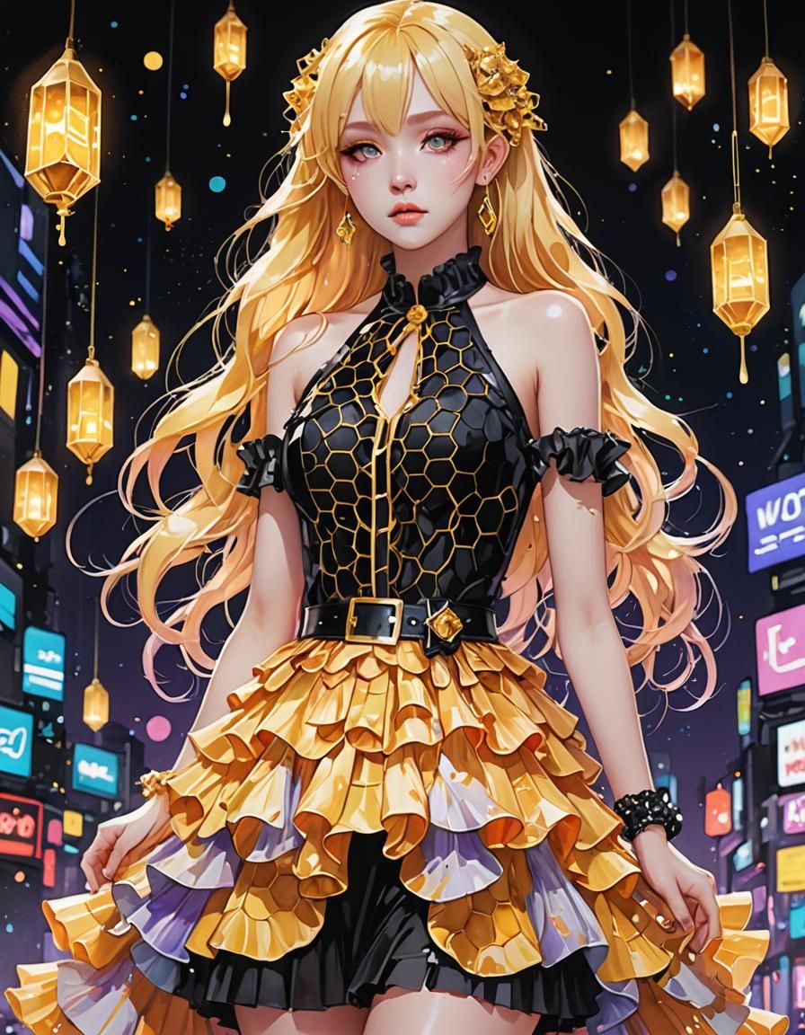 Golden Honeycomb Goth Goddess in Neon Dreamscape