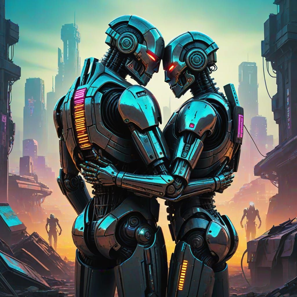 Cybernetic Robots Embrace in Dystopian City