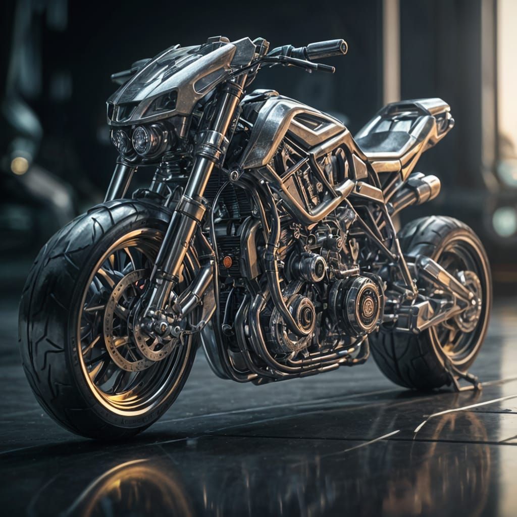Sci-Fi Motorbike in Polished Metal with Intricate Mech Detai...