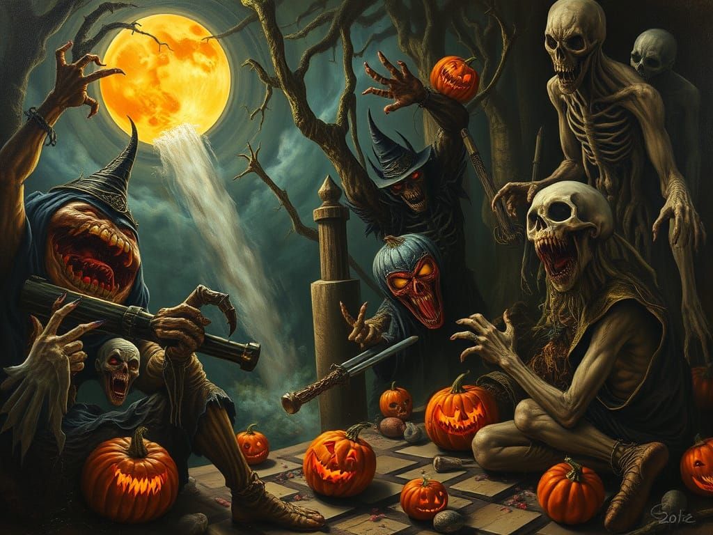 Nightmarish Halloween Scenes in Bosch Style Oil Painting