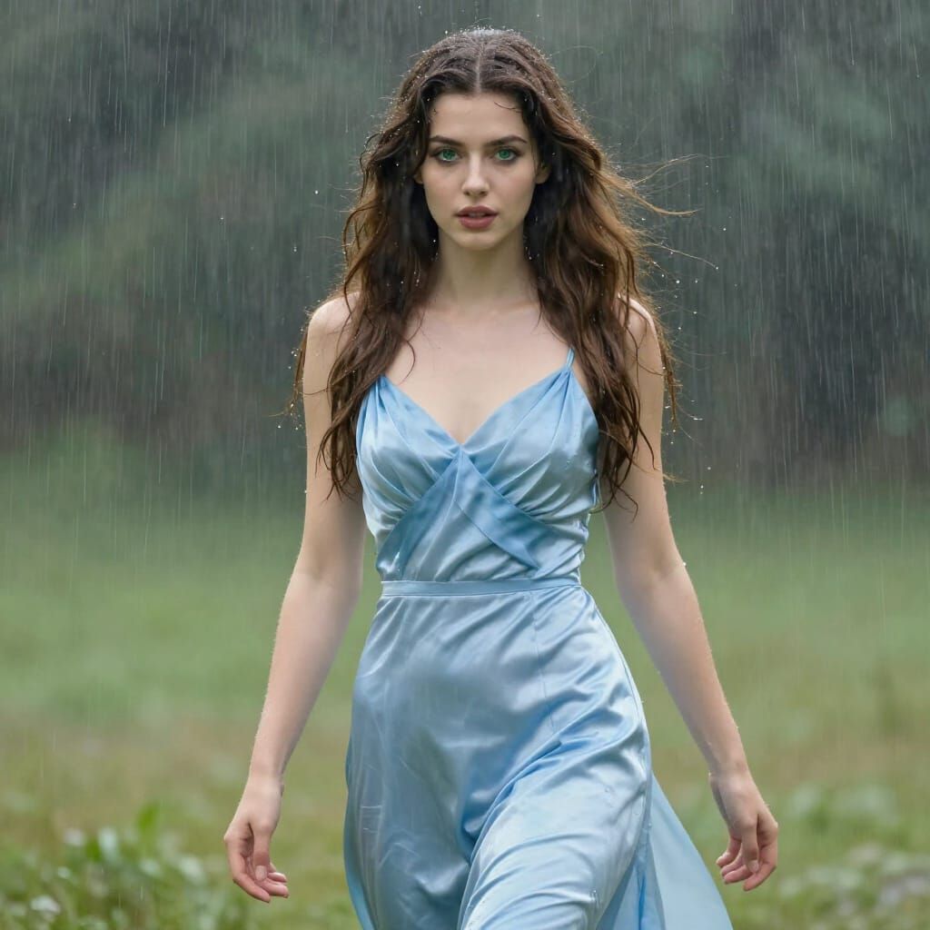 Beautiful Woman in Blue Silk Dress Walking Through Rain