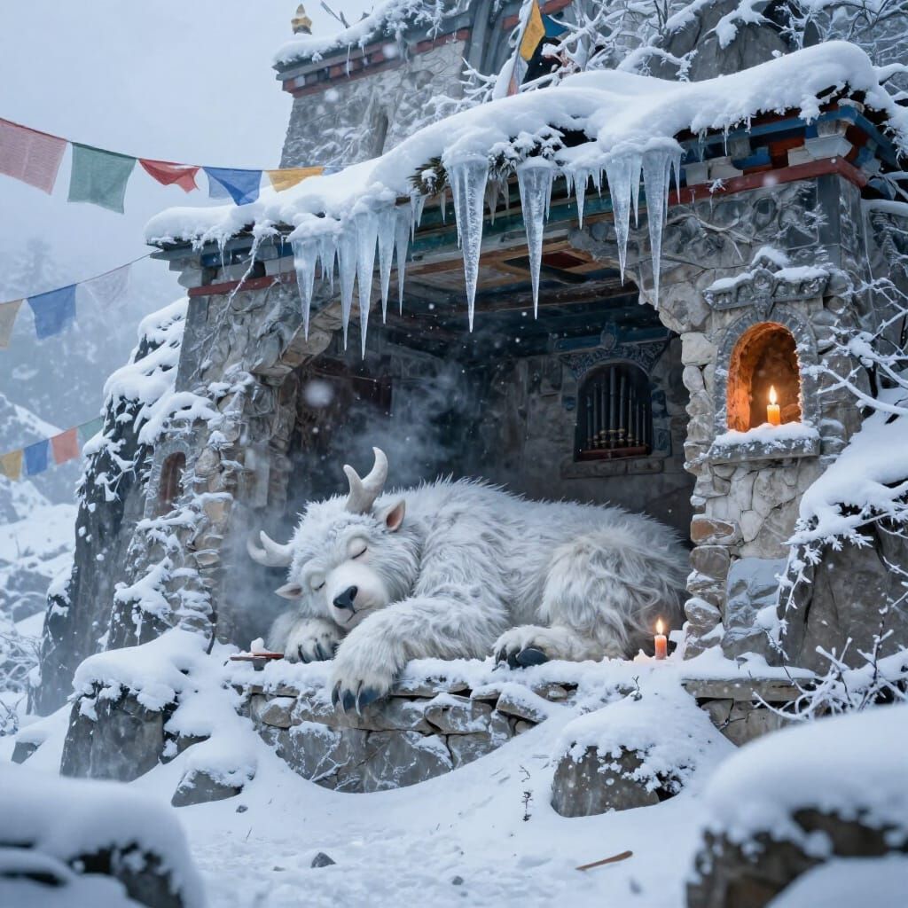 Gentle Yeti Rests in Snowy Mountain Monastery Ruins