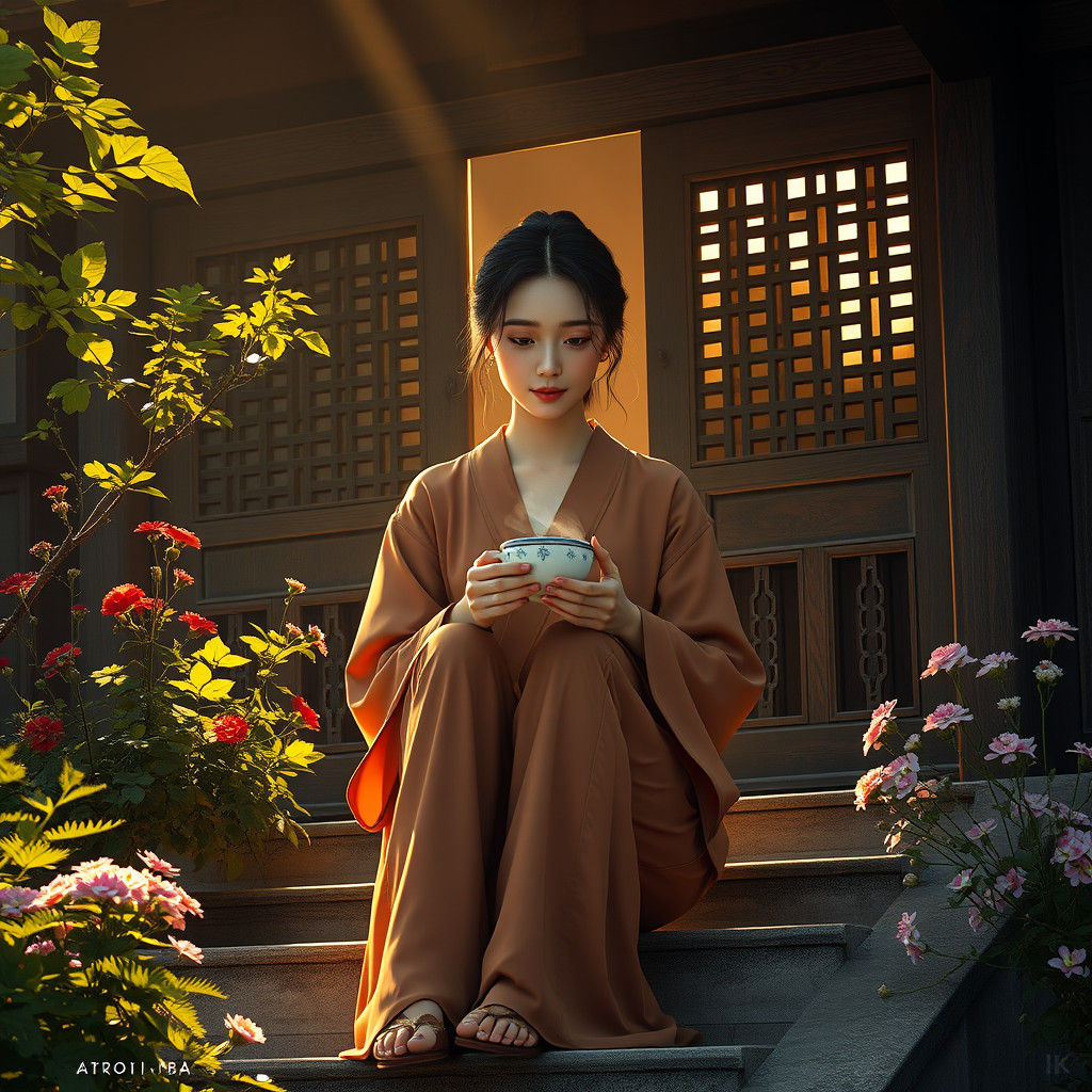 Serenely Sipping Coffee in a Traditional Hanok House