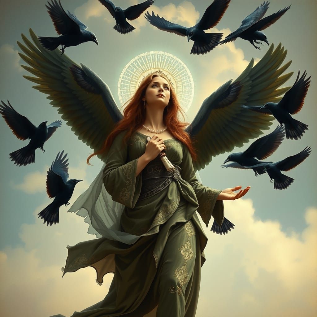 Classical Romanticist Goddess of Crows in Elegant Flight