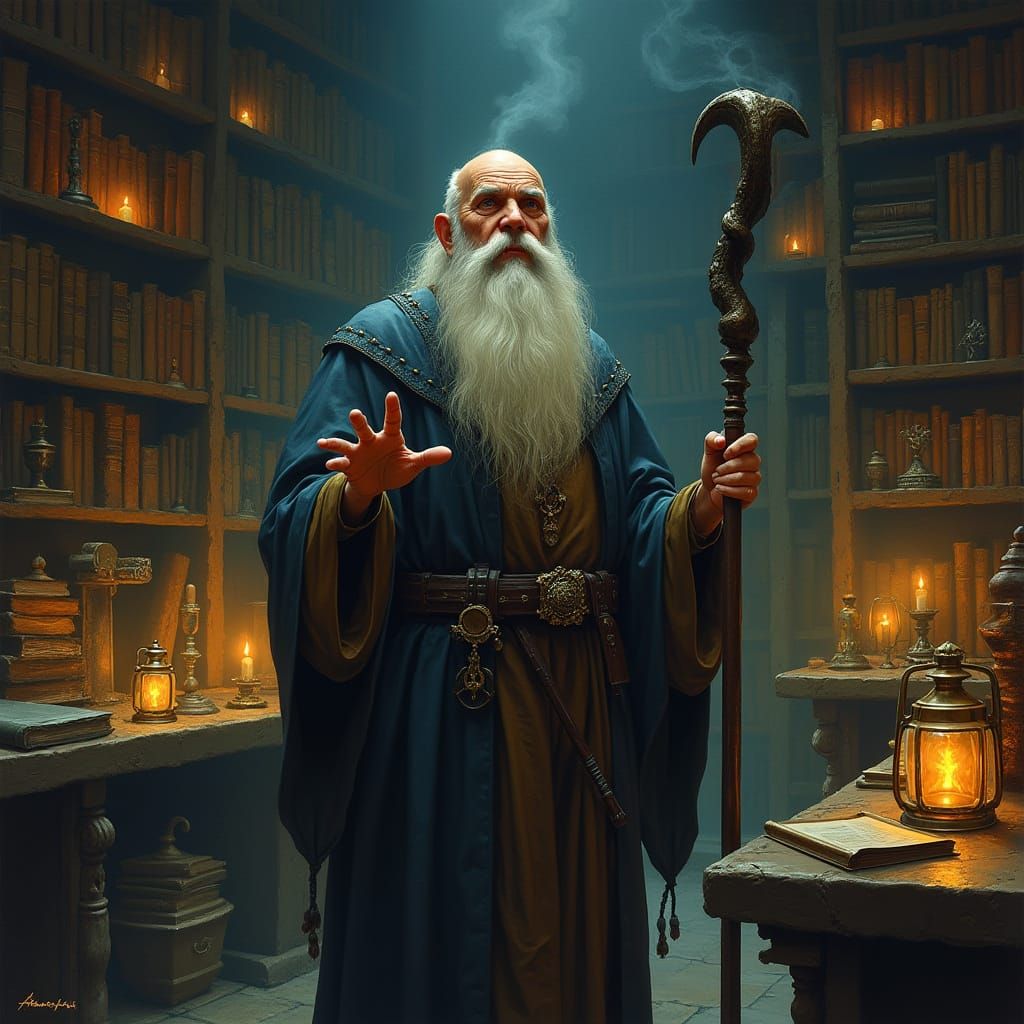 Magician in Dimly Lit Wizardly Lab