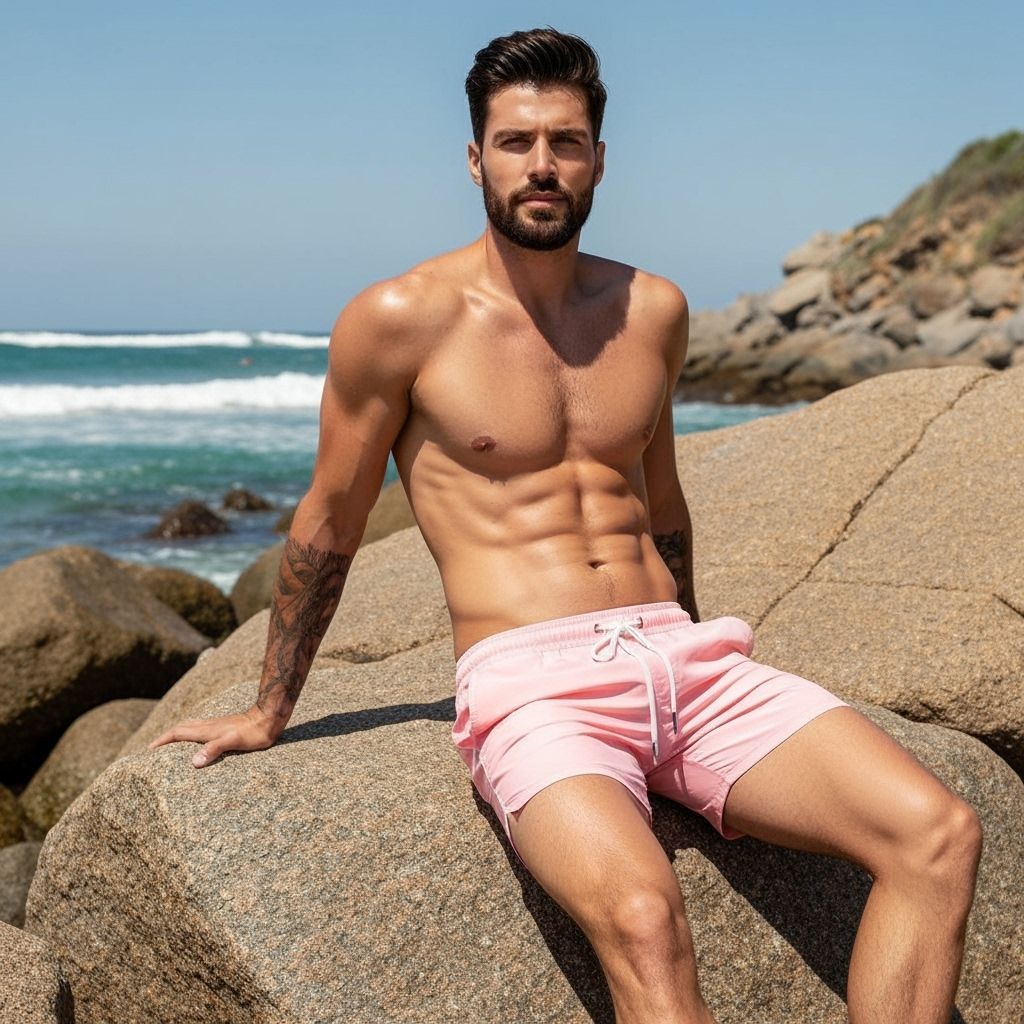 Athletic Male Model Posing on Beach Rocks in Natural Sunligh...