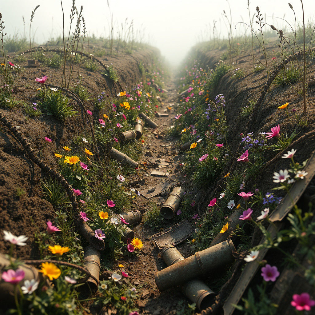 Rebirth in Ruin: A Wildflower Trench Erupts Amidst War's Dec...