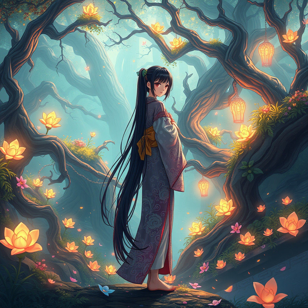 Whimsical Anime Girl in Vibrant Fantasy Realm