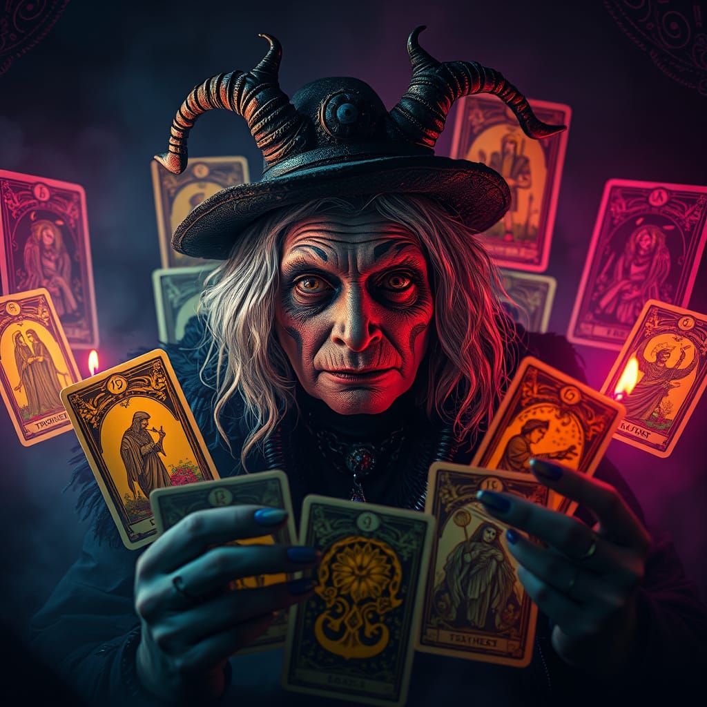Mystical Hag with Tarot Cards in Fantasy Art Style