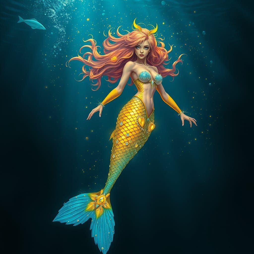 Surreal Mermaid Shimmers in Ocean Depths with Fluorescent Sc...