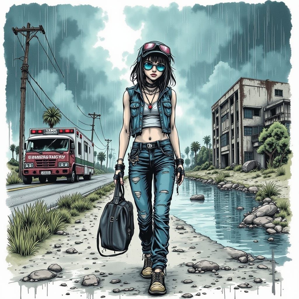 Woman Walks Desert Road Past Ruined Hospital