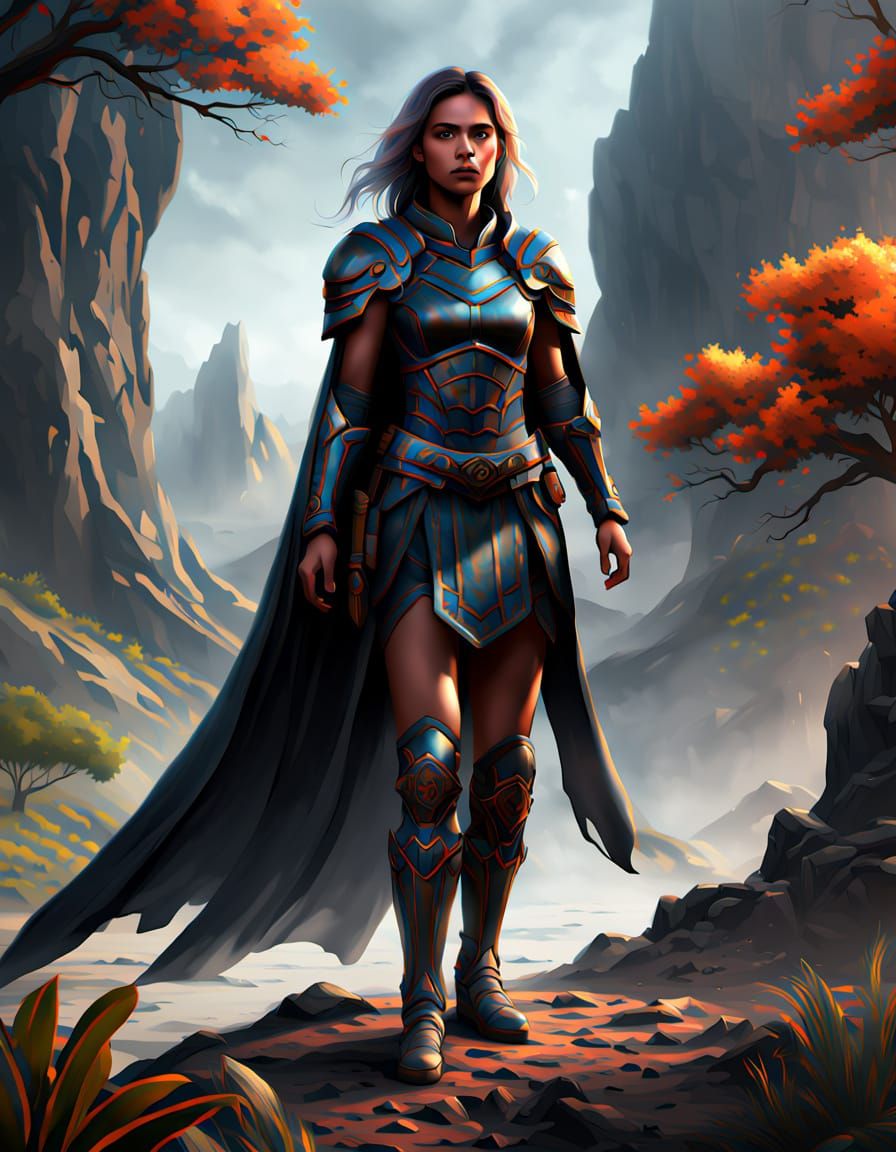 Fantasy Warrior Woman in Vibrant Alien Landscape