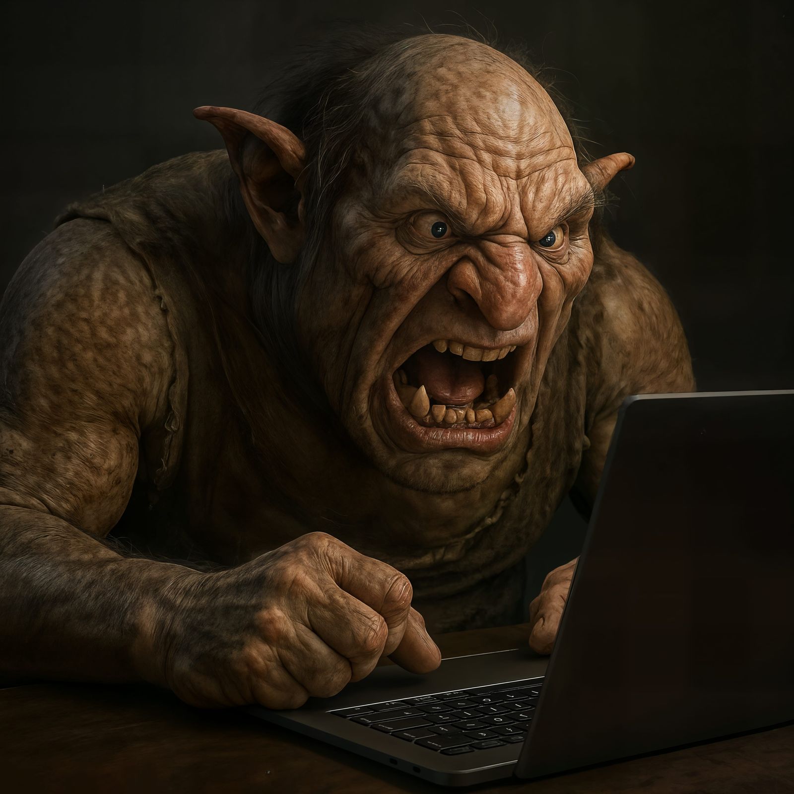 Outraged Troll Working on Computer in Detailed CGI