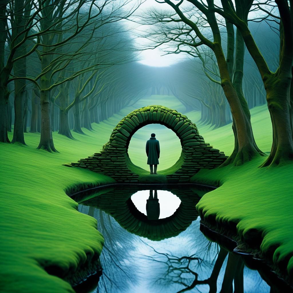 Ethereal Figure Amidst Ancient Mossy Landscape