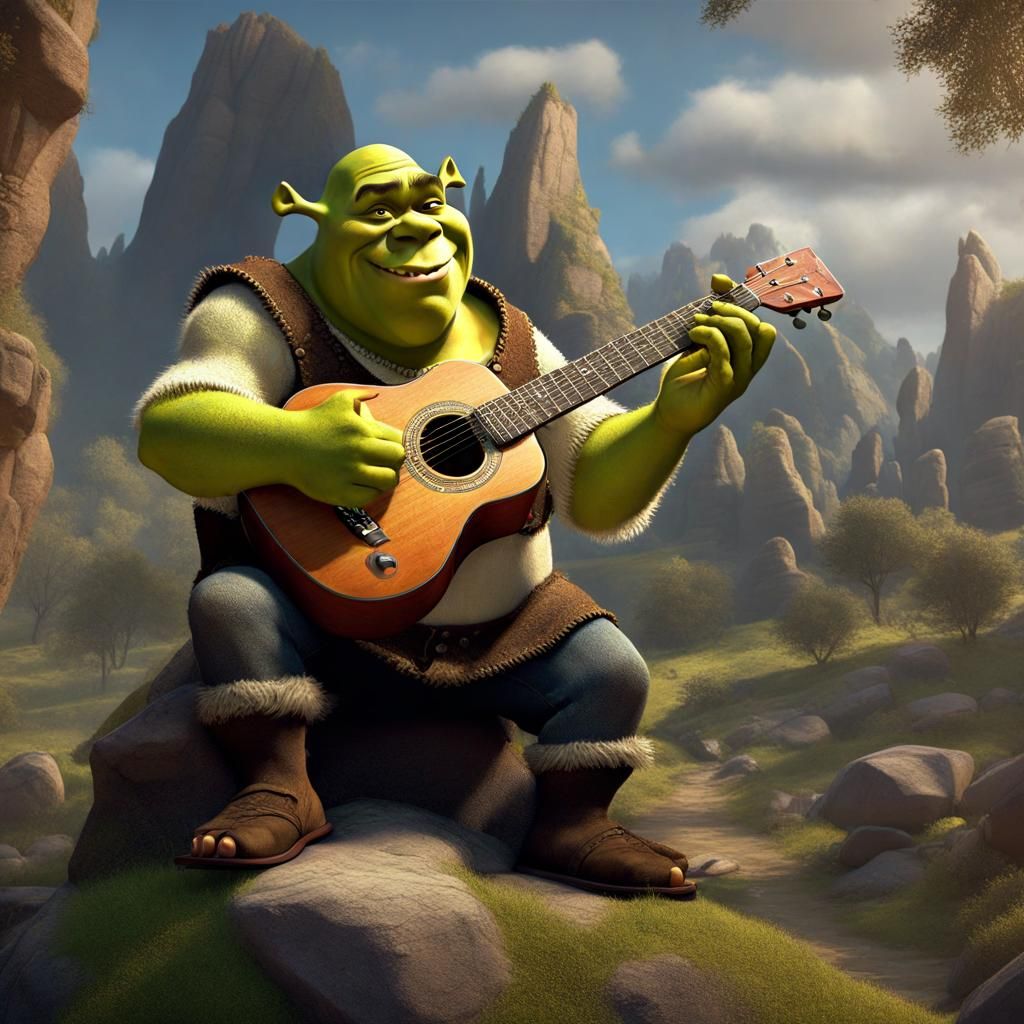 Shrek Plays a Vintage Guitar in a Maximalist Oil Painting La...
