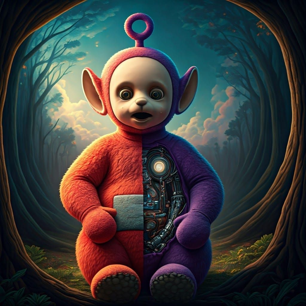 Cyberpunk Teletubby with Exposed Mechanical Interior