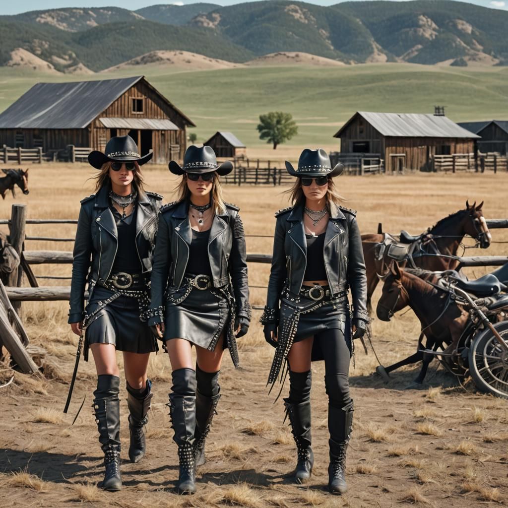 Female Bikers in Front of Rustic Horse Ranch in Grungy Cowbo...