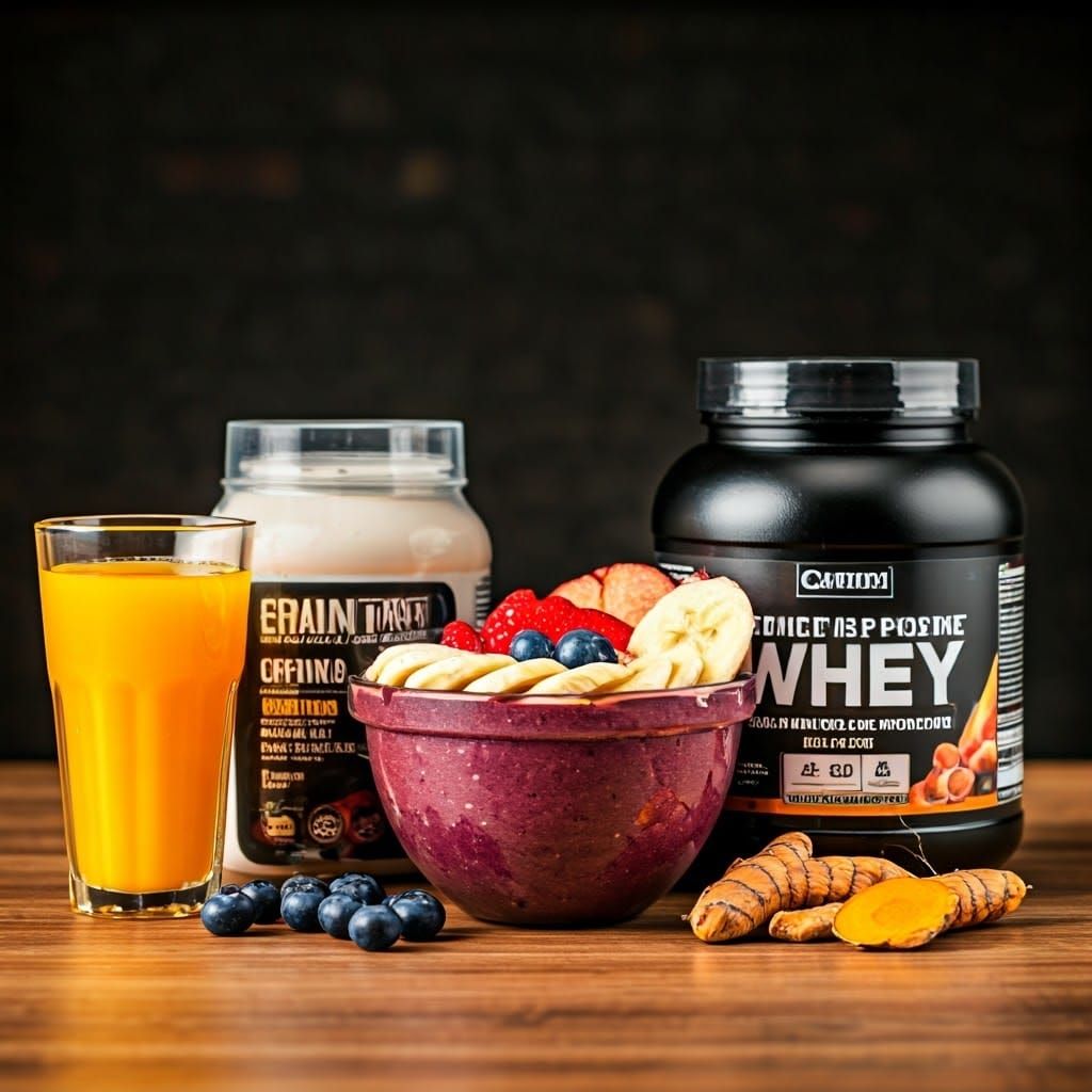 Vibrant Still Life with Fresh Fruits and Supplements in Prof...