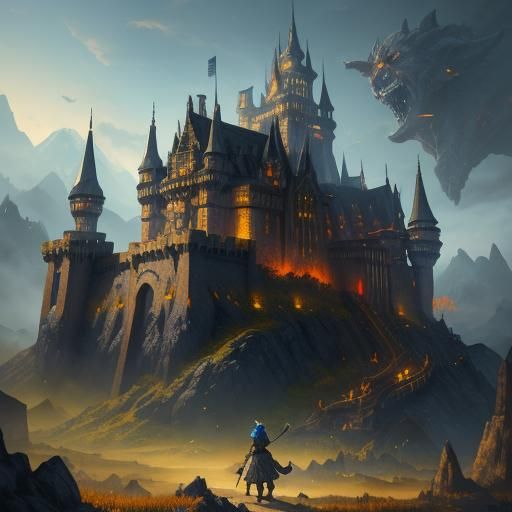 Majestic Orc Maidens Guard Castle Gates in Vibrant Fantasy L...