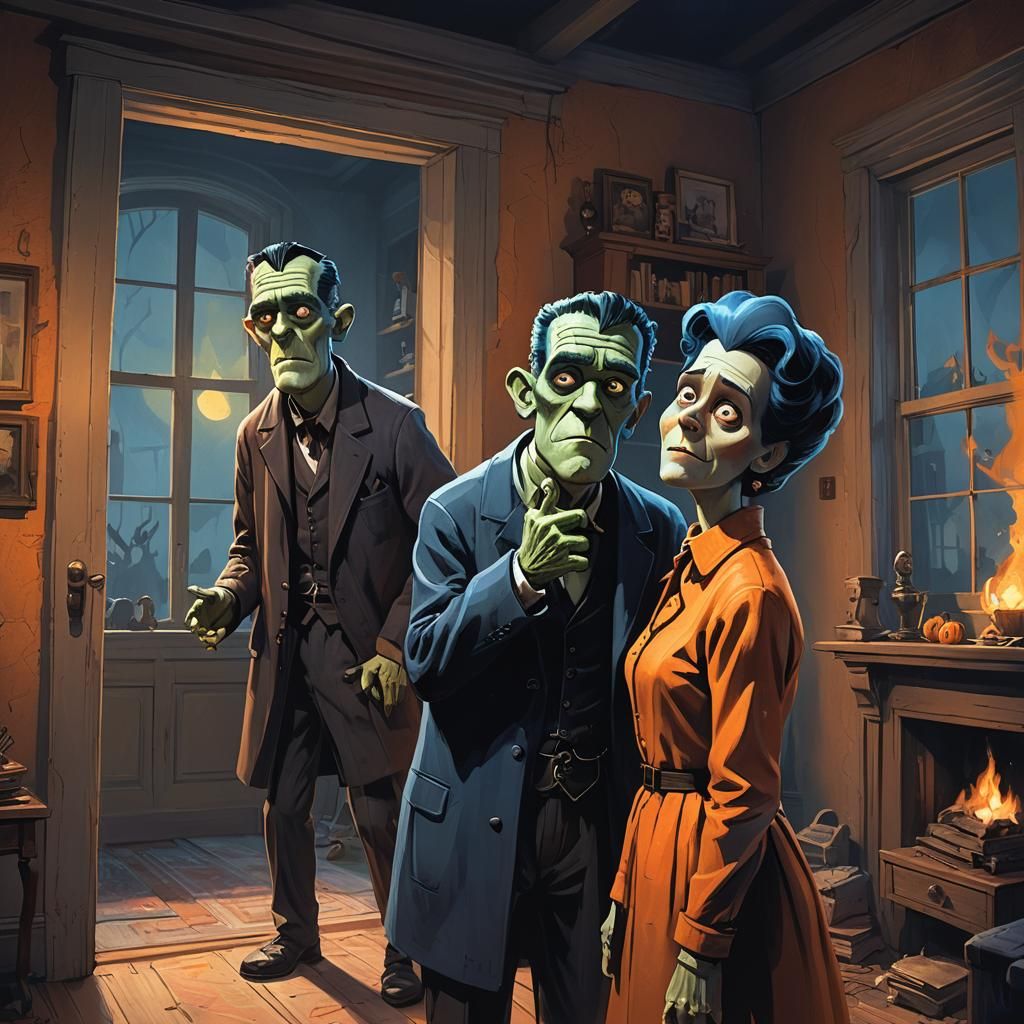 Frankenstein's Family Halloween Night in Greg Rutkowski Styl...