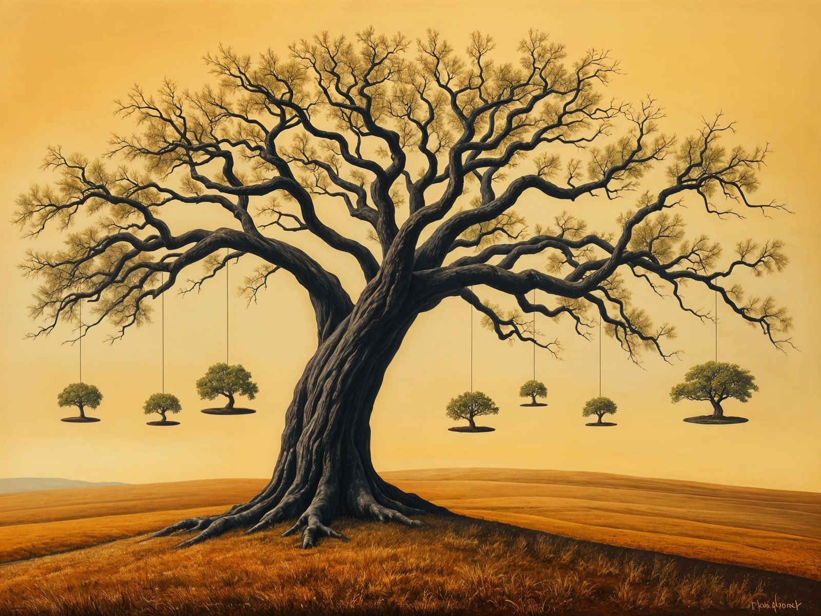 Surreal Landscape with Oak Tree and Miniature Worlds in Oil....