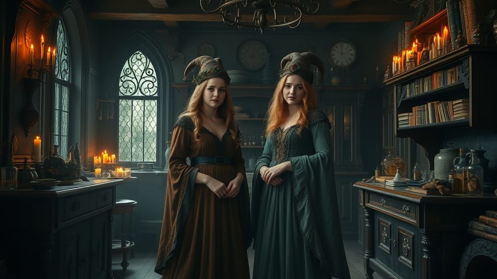 Mystical Sisters in Whimsical Victorian Kitchen