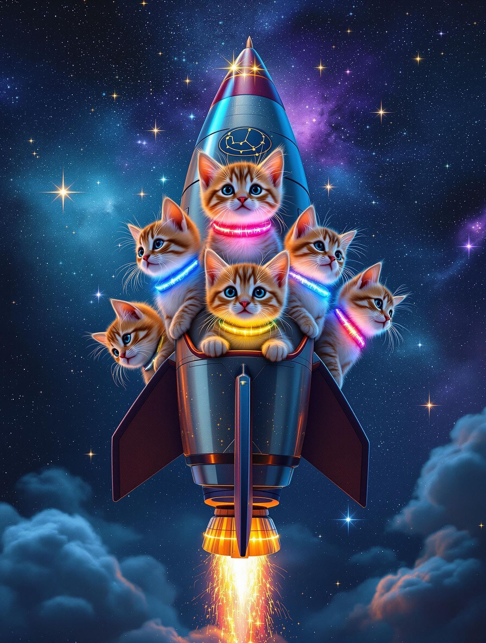 Kittens Pilot Glowing Spaceship in Cosmic Nebula