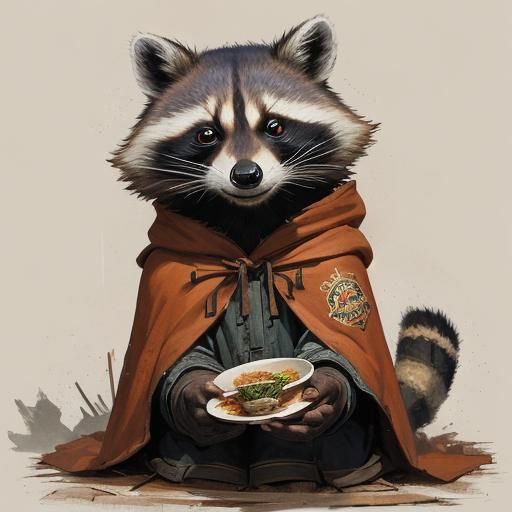 Concept art illustration. Medium shot. A raccoon humanoid we...