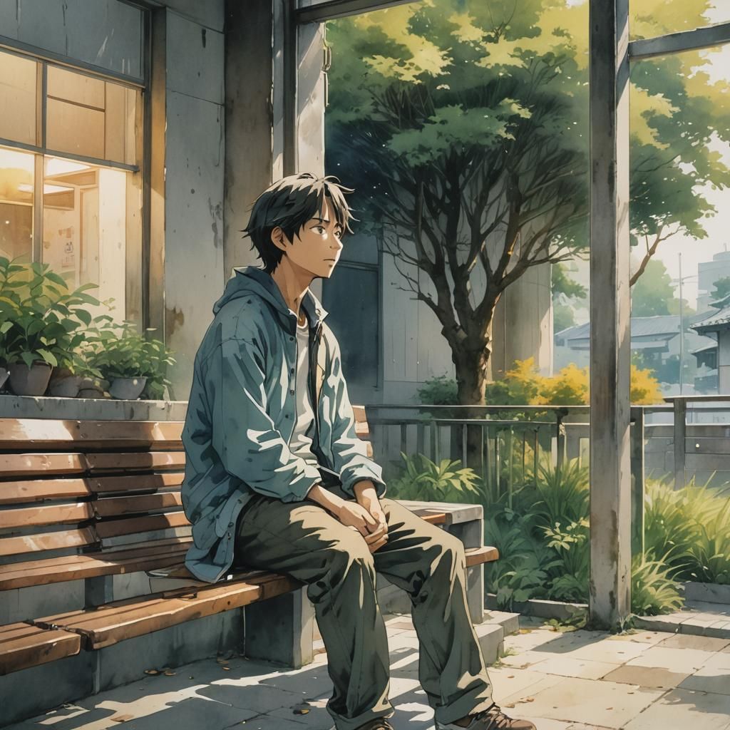 A Lonely Figure Amidst Joyful Chaos in Anime Watercolor