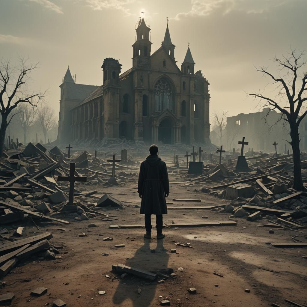 Death in Desolate Post-Apocalyptic Landscape with Ruins