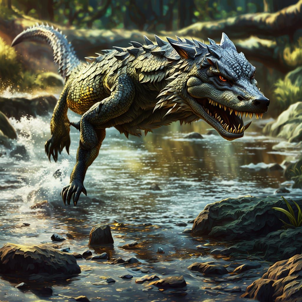 Crocodile-Wolf Hybrid in Mystical Forest