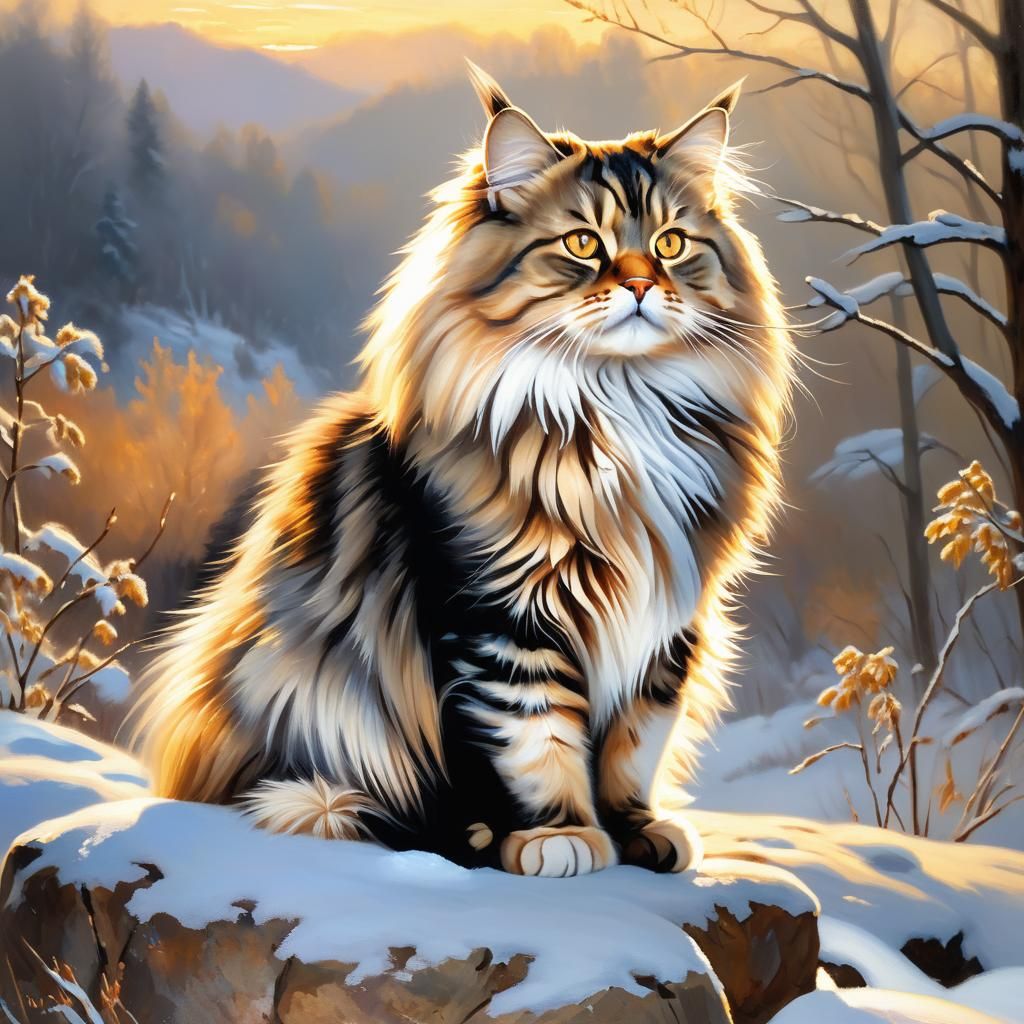 Majestic Siberian Cat Amidst Golden Hour Glow
