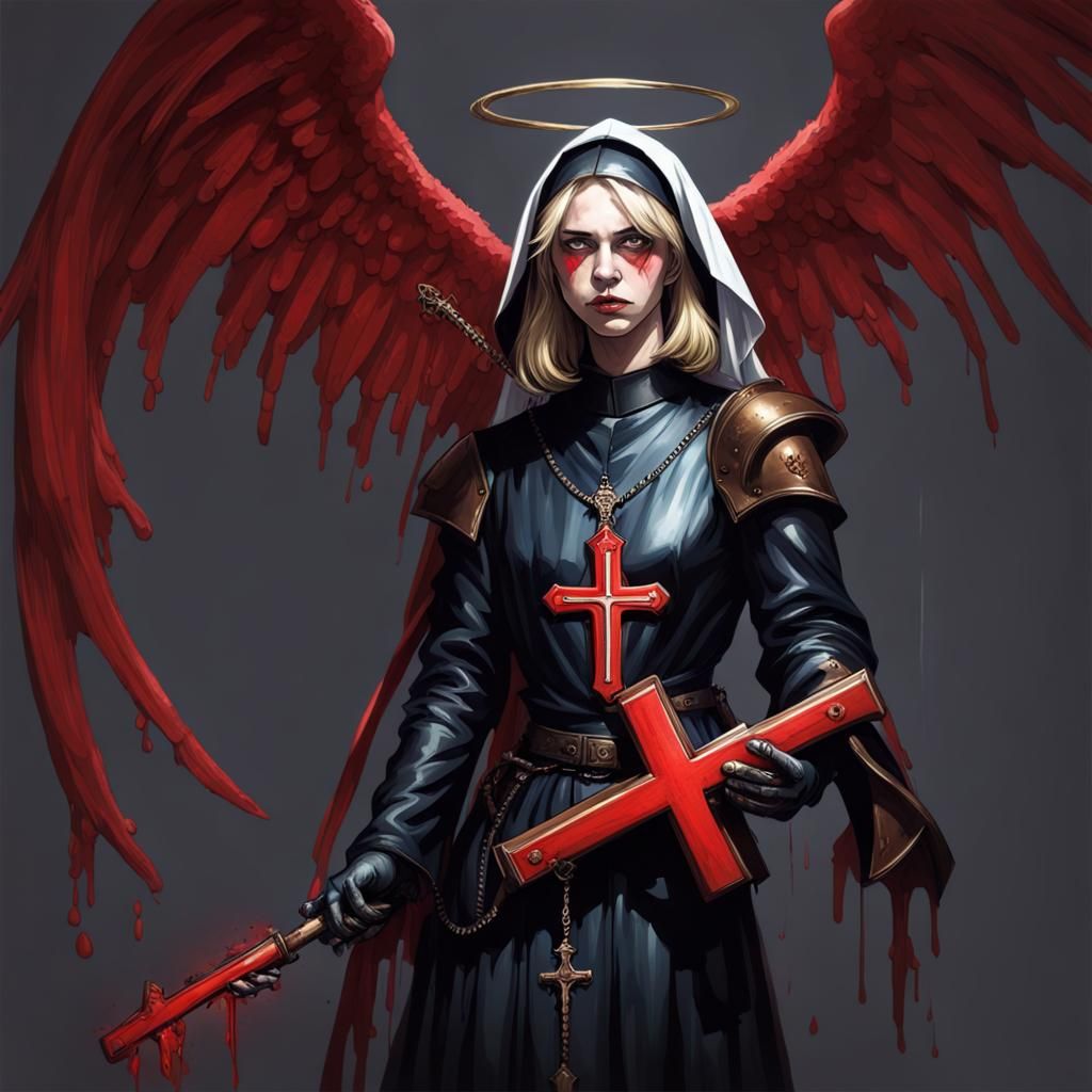 Sinister Nun Stands Before Bloody Angel in Dark Church of Gr...