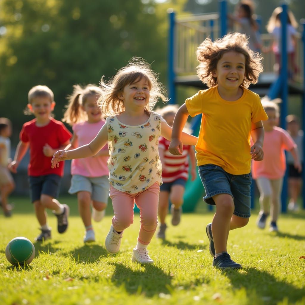 Kindergarten Joy: Children Playing in Sunny Playground