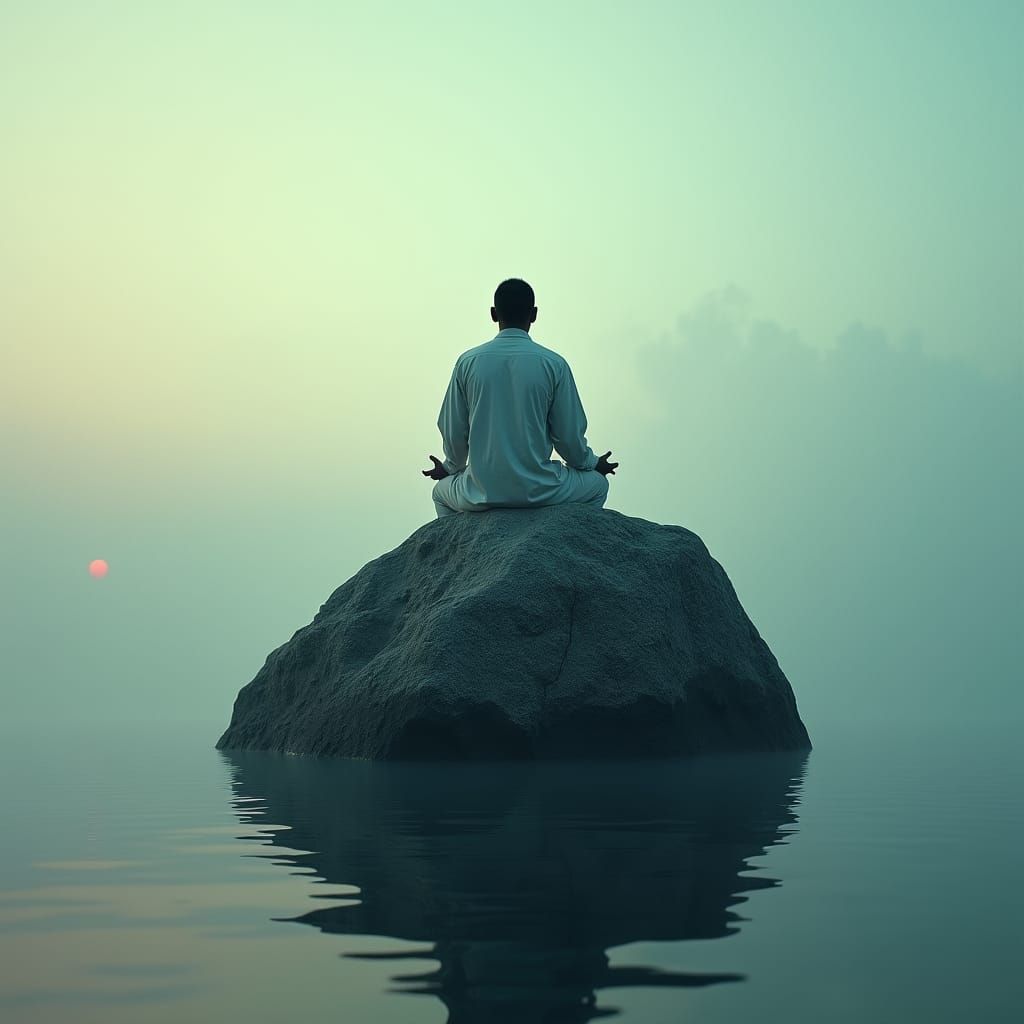 Man in Contemplative Meditation Over Water in Cinematic Styl...