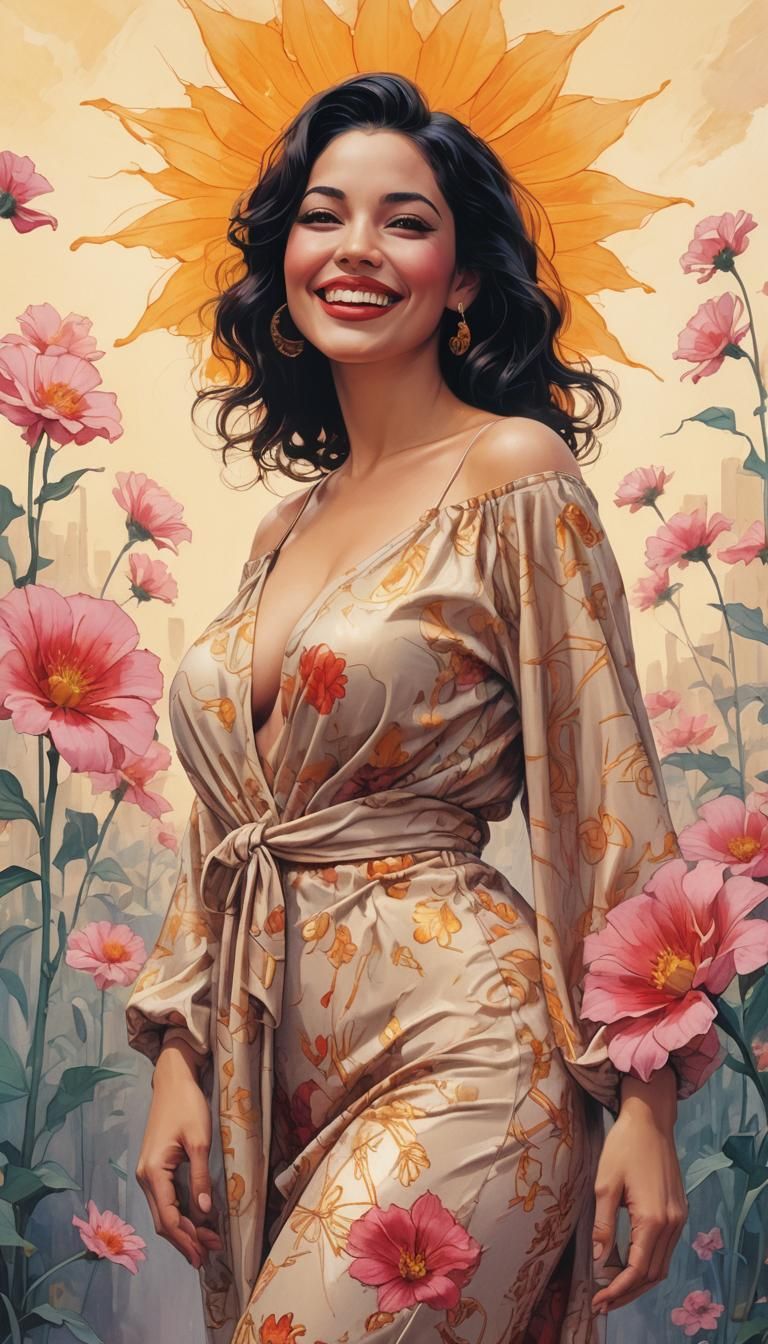 Sensual Latina Goddess in Vibrant Surreal Scene