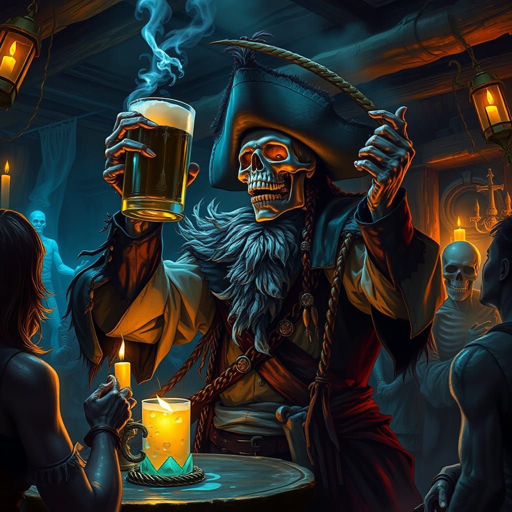 Skeletal Pirate Captain in Dimly Lit Tavern
