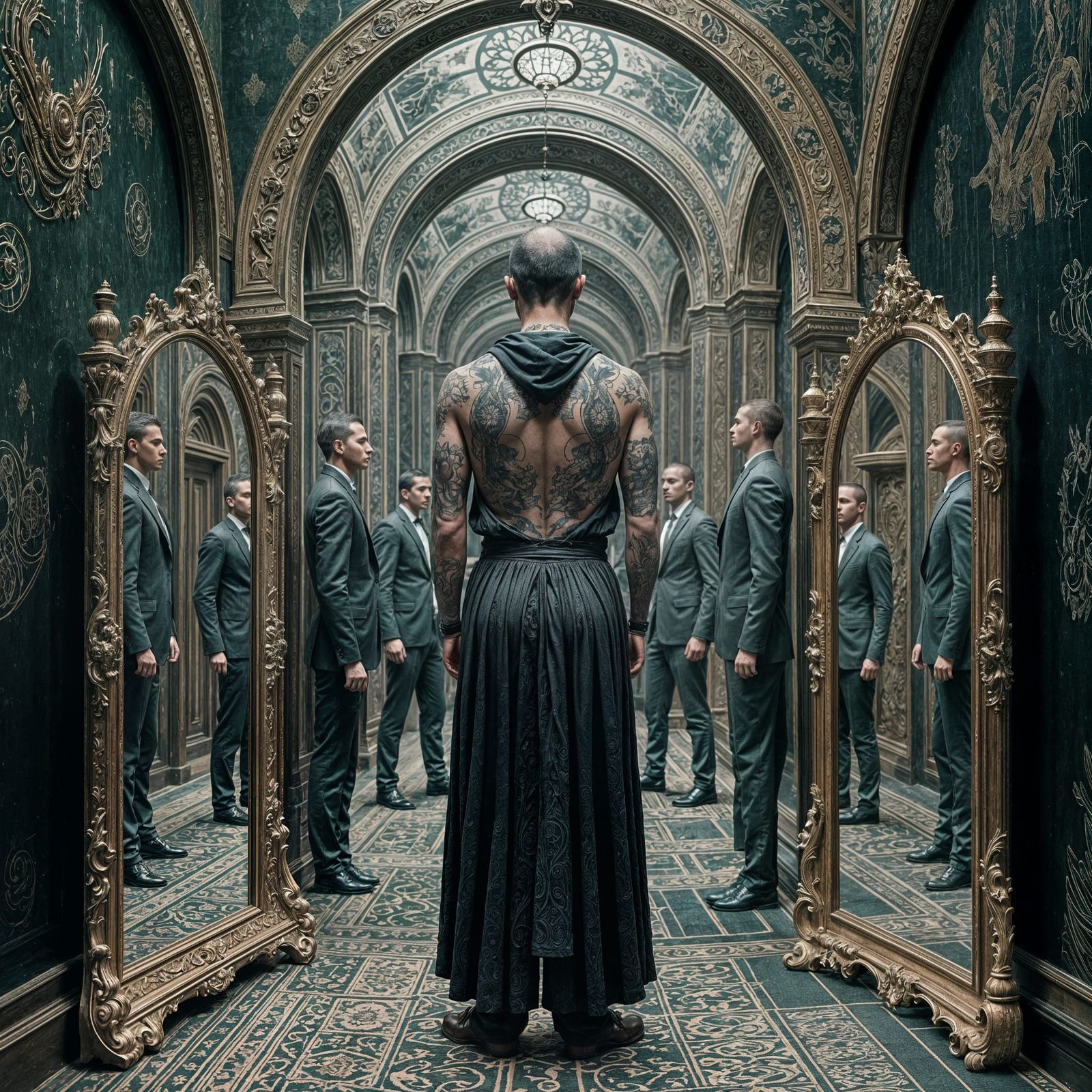 Mirrored Reflections: Tattooed Man in Dark Oil Paint