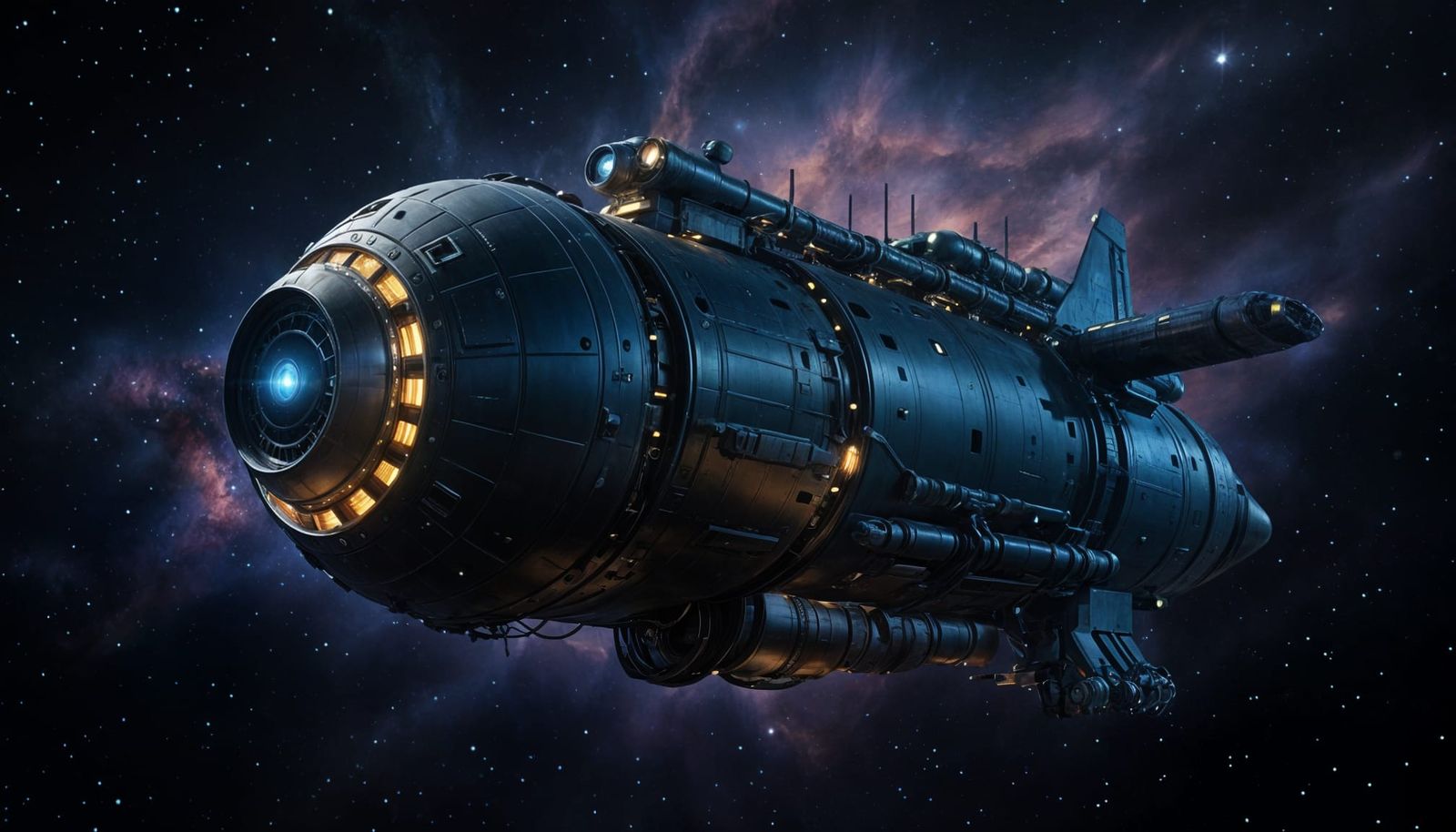Huge Space Freighter with Futuristic Engine Glow in Earth Or...
