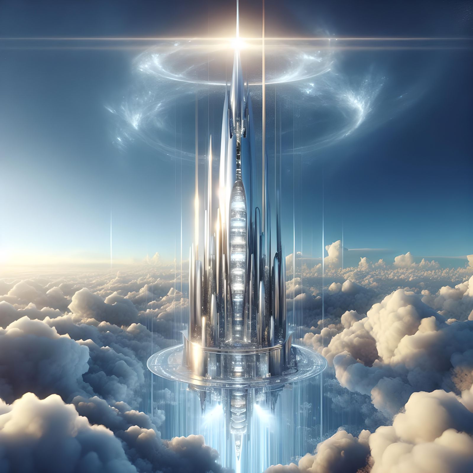 Glimmering Silver Tower Soars Among Luminous White Clouds