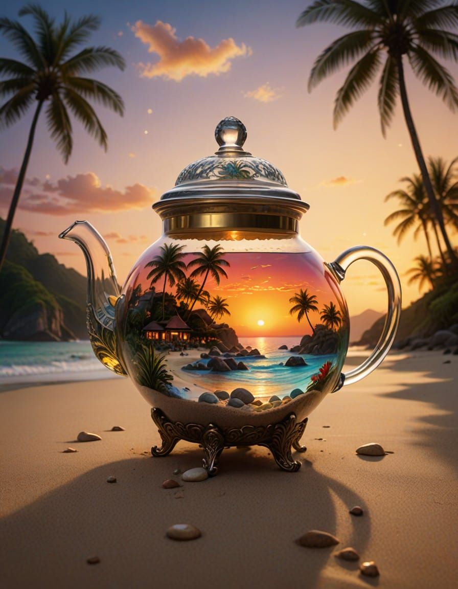 Ethereal Glass Teapot with Tropical Island Scene