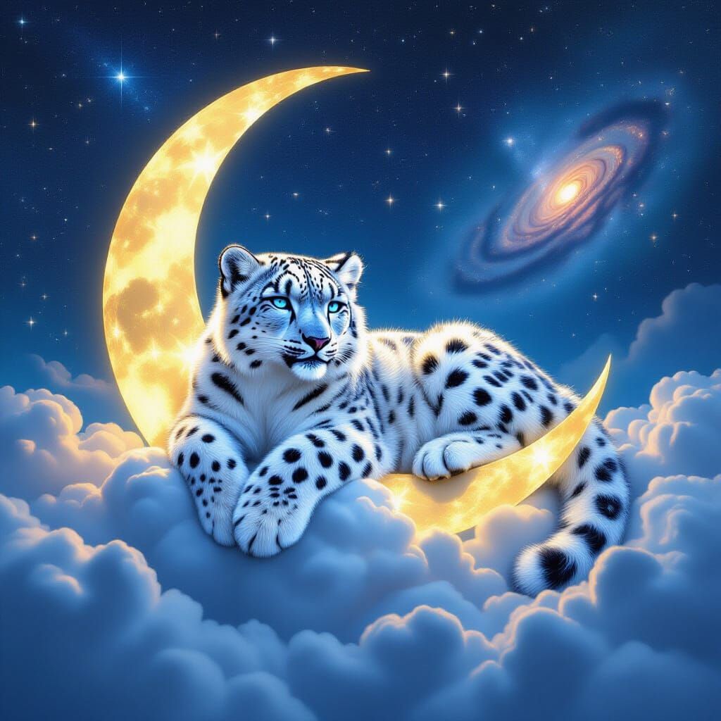 Snow Leopard in Starry Night Sky, Photorealistic Style